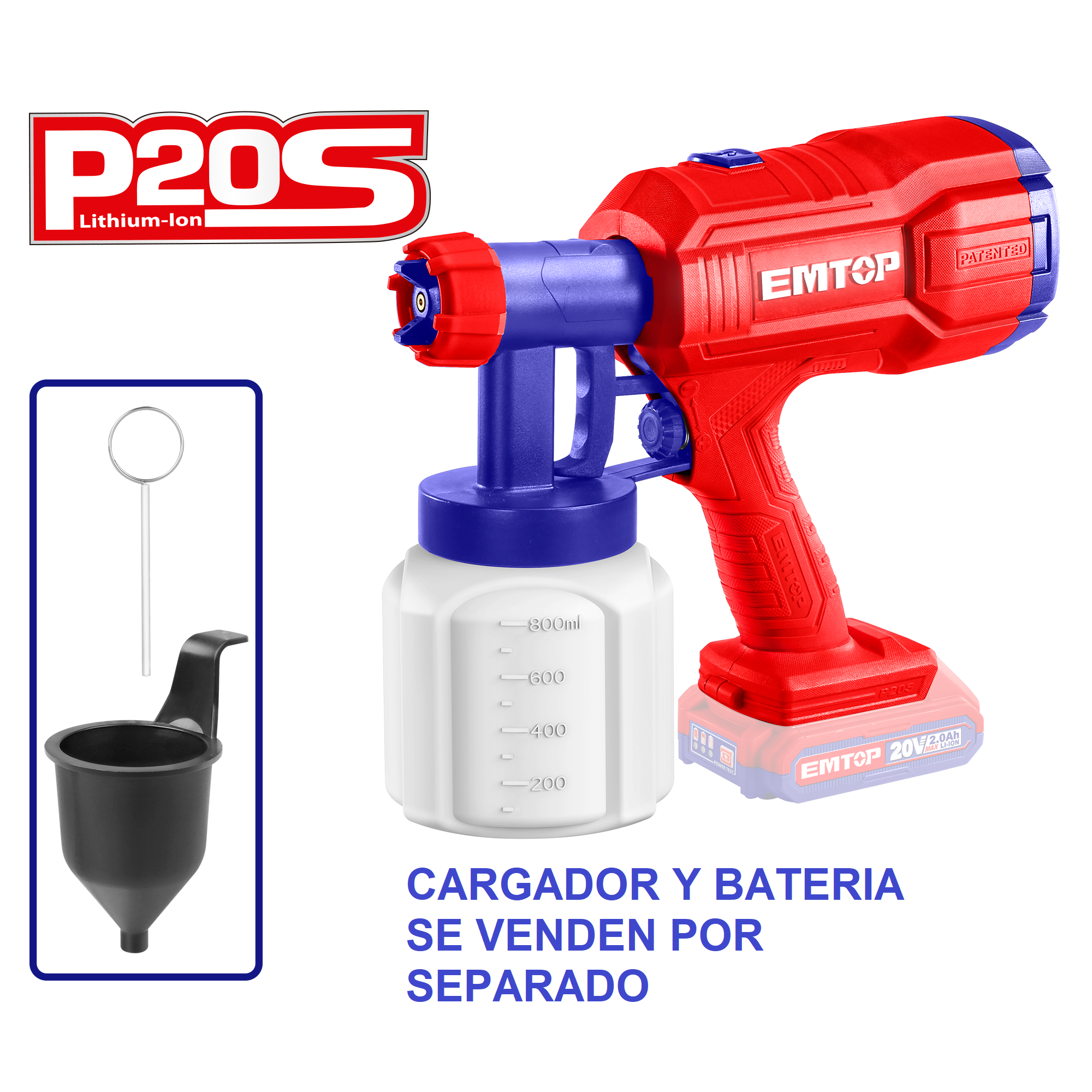 Pistola inalámbrica para pintar, 20V, boquilla de 2.5mm, envase de 800ml – EMTOP ELSG2002