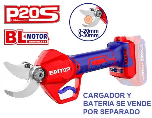 Tijera de poda inalámbrica 20V, corte 20mm/30mm - EMTOP ELSL20308