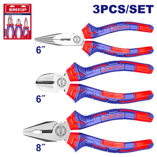 Set de tres alicates: universal, corte diagonal, punta larga – EMTOP EPLS0311