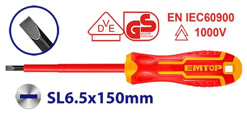Destornillador aislado plano SL6.5, protección hasta 1000V – EMTOP ESDRJ6150