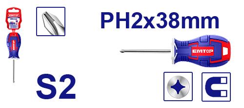 Destornillador punta de estrella PH2 de 38mm – EMTOP ESDRPH2382