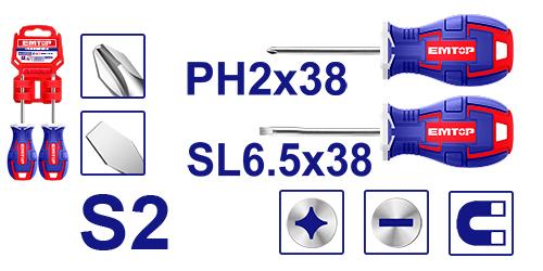 Set de 2 destornilladores plano y estrella de 38mm – EMTOP ESST03803