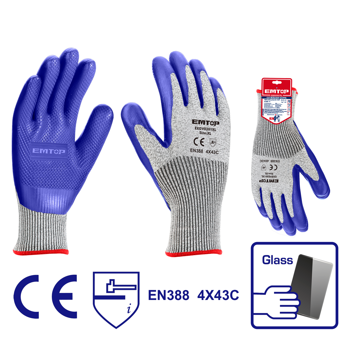 Guantes de seguridad, resistente al corte y abrasión, calibre 13, tamaño XL - EMTOP EXGV0301XL