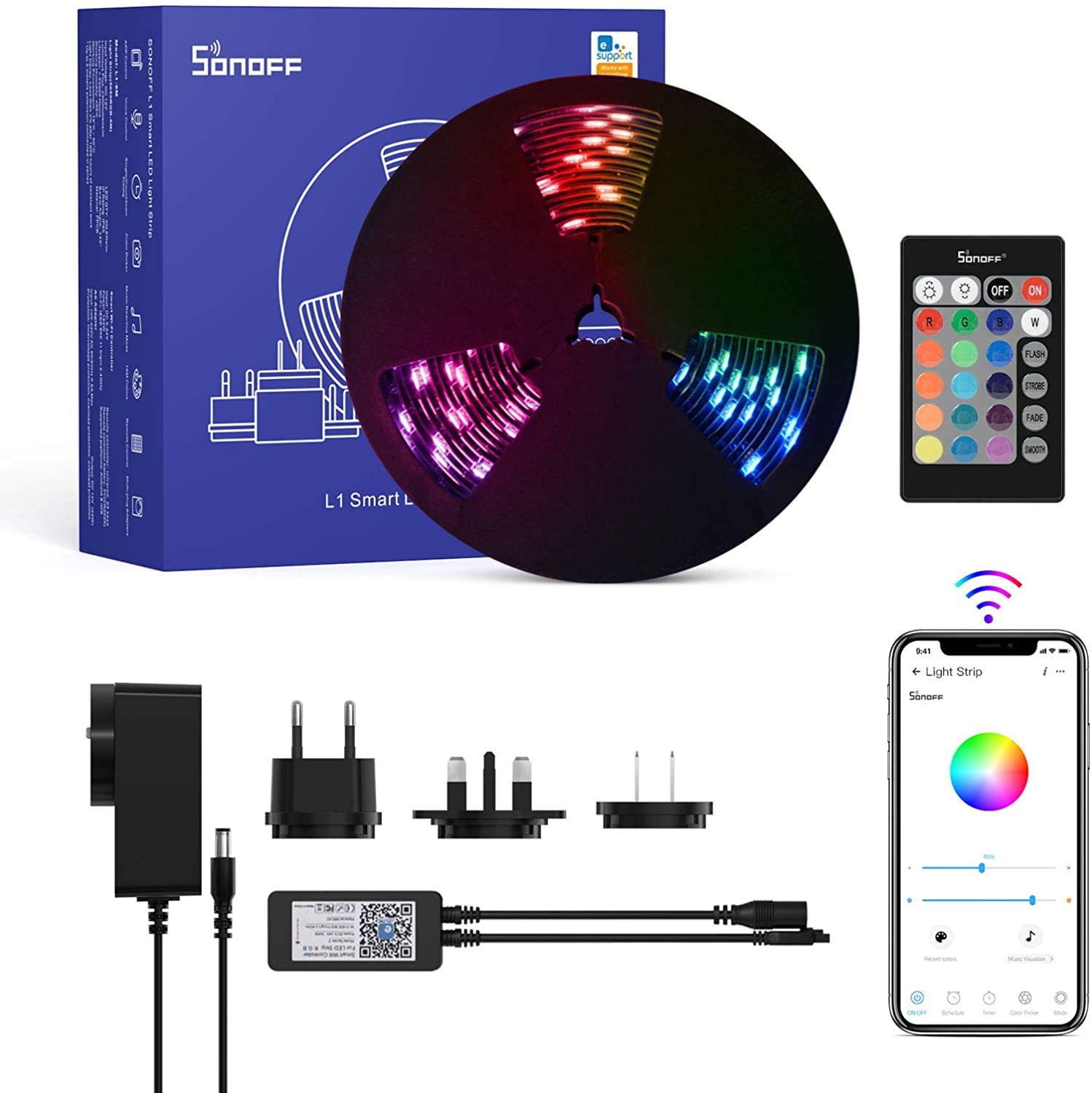 Tira de luz LED inteligente de 2M de longitud, incluye controlador WiFi ó RF y fuente de alimentación – Sonoff L1-2M
