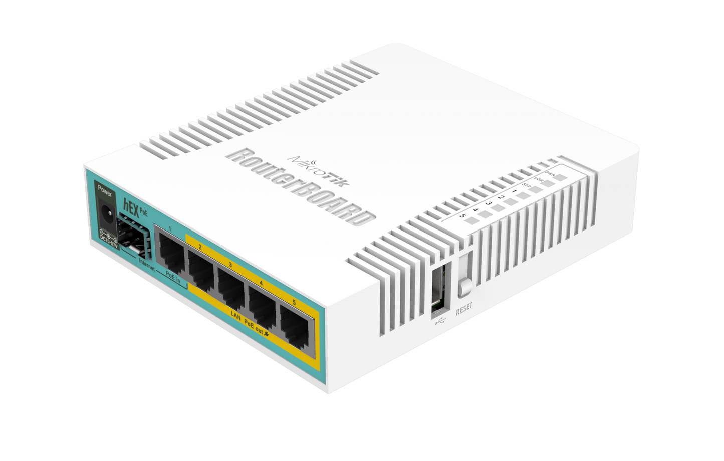 Router con 5 puertos gigabit ethernet, PoE en 4 puertos, SFP, USB – RB960PGS (hEX PoE) Mikrotik