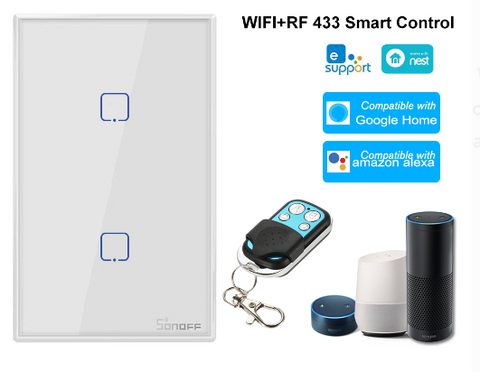 Interruptor inteligente de pared controlado por Wi-Fi y controlador RF (no incluido), 2 pulsadores táctiles – T2US2C Sonoff Serie TX