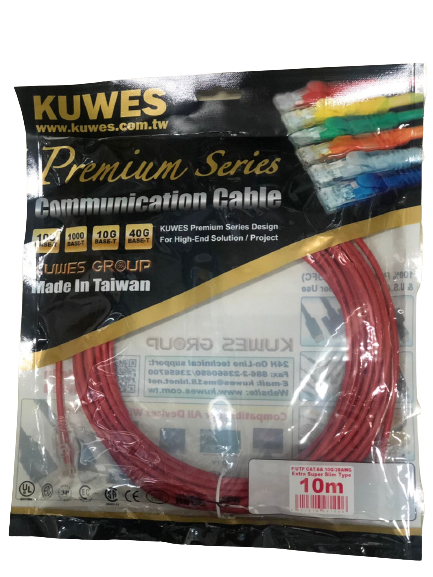 Patch Cord EXTRA SUPER DELGADO para redes UTP CAT6A 10G, 10M, color rojo – Kuwes UF6A-10M-RD