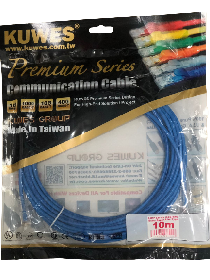 Patch Cord EXTRA SUPER DELGADO para redes UTP CAT6A 10G, 10M, color azul – Kuwes UF6A-10M-BL