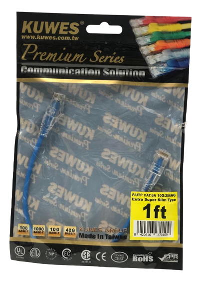 Patch Cord EXTRA SUPER DELGADO para redes UTP CAT6A 10G, 1 Pie, color azul – Kuwes UF6A-1FT-BL