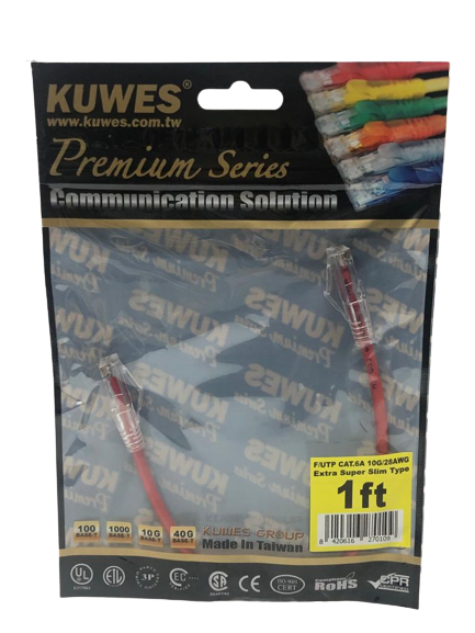 Patch Cord EXTRA SUPER DELGADO para redes UTP CAT6A 10G, 1 Pie, color rojo – Kuwes UF6A-1FT-RD