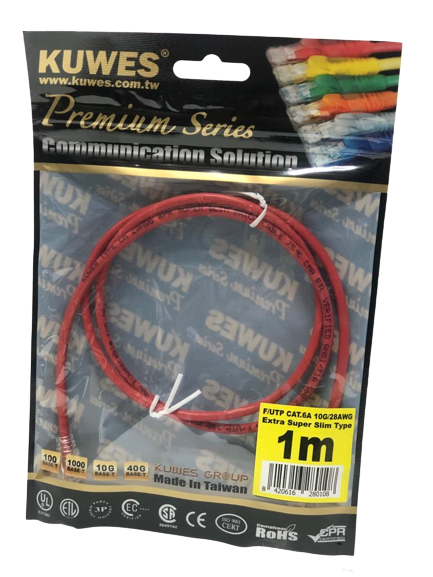 Patch Cord EXTRA SUPER DELGADO para redes UTP CAT6A 10G, 1M, color rojo – Kuwes UF6A-1M-RD