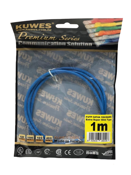 Patch Cord EXTRA SUPER DELGADO para redes UTP CAT6A 10G, 1M, color azul – Kuwes UF6A-1M-BL