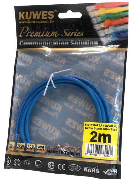 Patch Cord EXTRA SUPER DELGADO para redes UTP CAT6A 10G, 2M, color azul – Kuwes UF6A-2M-BL