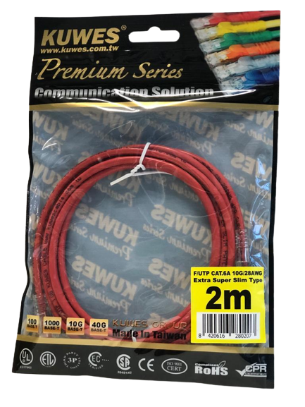 Patch Cord EXTRA SUPER DELGADO para redes UTP CAT6A 10G, 2M, color rojo – Kuwes UF6A-2M-RD