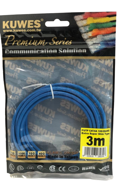 Patch Cord EXTRA SUPER DELGADO para redes UTP CAT6A 10G, 3M, color azul – Kuwes UF6A-3M-BL