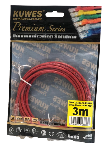 Patch Cord EXTRA SUPER DELGADO para redes UTP CAT6A 10G, 3M, color rojo – Kuwes UF6A-3M-RD