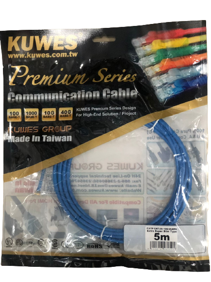 Patch Cord EXTRA SUPER DELGADO para redes UTP CAT6A 10G, 5M, color azul – Kuwes UF6A-5M-BL