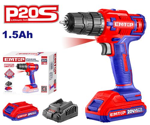 Kit de Taladro inalámbrico 20V, diámetro de perforación 1/32” - 3/8”, incluye 1 batería de litio, cargador y punta de destornillador - EMTOP ULCDL620011