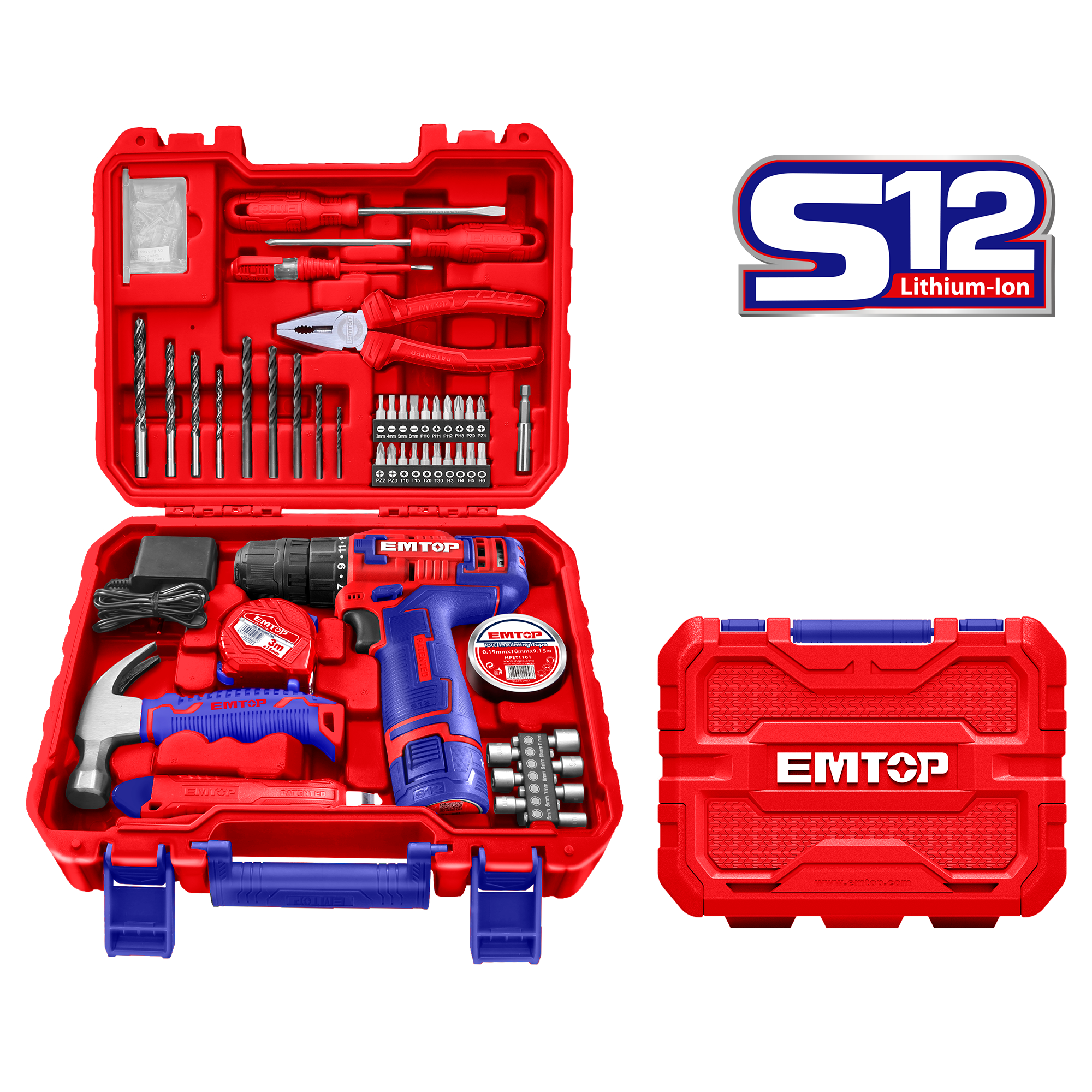 Kit de 88 piezas, con herramientas y Taladro inalámbrico 12V 1/32” - 3/8”, batería recargable y cargador - EMTOP ULEDK08801