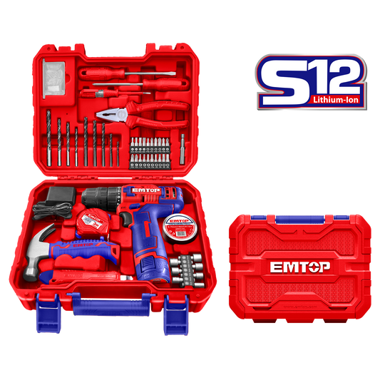 Kit de 88 piezas, con herramientas y Taladro inalámbrico 12V 1/32” - 3/8”, batería recargable y cargador - EMTOP ULEDK08801