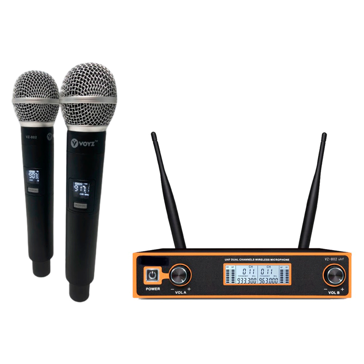 Sistema de 2 micrófonos inalámbricos UHF con receptor – VZ-802UHF VOYZ