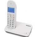Teléfono inalámbrico Uniden AT4102 en color blanco con botones grandes, pantalla con identificador de llamadas y altavoz