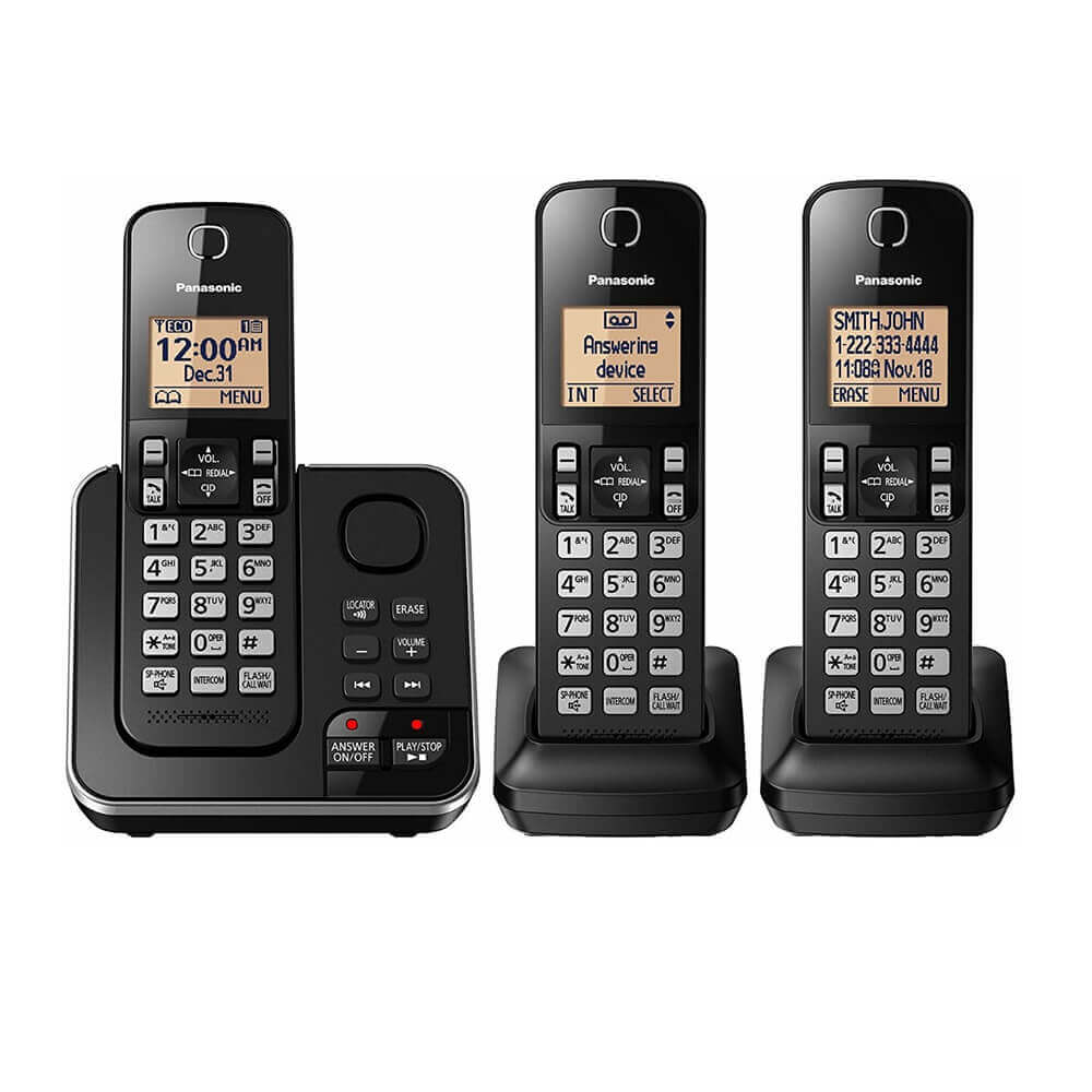 Combo de 3 auriculares de teléfonos inalámbricos DECT con Contestador, identificador de llamadas, teclado iluminado, altavoz, operación con alimentación de respaldo* - KX-TGC363LAB – Panasonic - LA CASA DEL TELEFONO