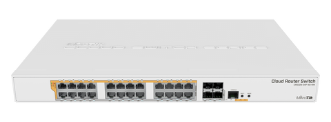 Poderoso Router / Switch “Dual boot” de 24 puertos gigabit PoE, 4 puertos SFP+ para rápidas conectividades de hasta 10Gbps – CRS328-24P-4S+RM Mikrotik