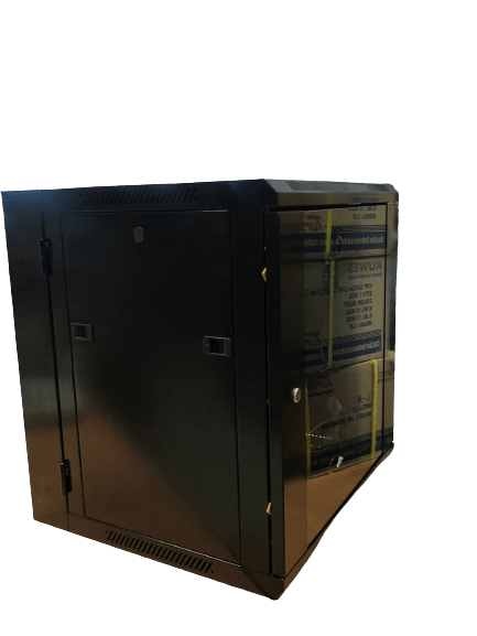 Gabinete de pared 600x550, abatible, capacidad de 12U, puerta de vidrio frontal con llave – LCDT NCW5-12-A-B - LA CASA DEL TELEFONO