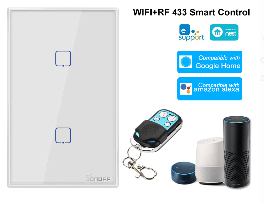 Interruptor inteligente de pared controlado por Wi-Fi y controlador RF (no incluido), 2 pulsadores táctiles – T2US2C Sonoff Serie TX - LA CASA DEL TELEFONO