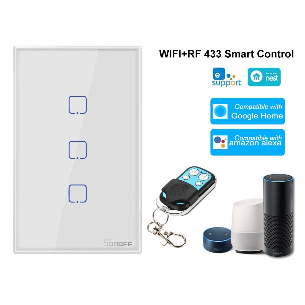 Interruptor inteligente de pared controlado por Wi-Fi y controlador RF (no incluido), 3 pulsadores táctiles – T2US3C Sonoff Serie TX - LA CASA DEL TELEFONO
