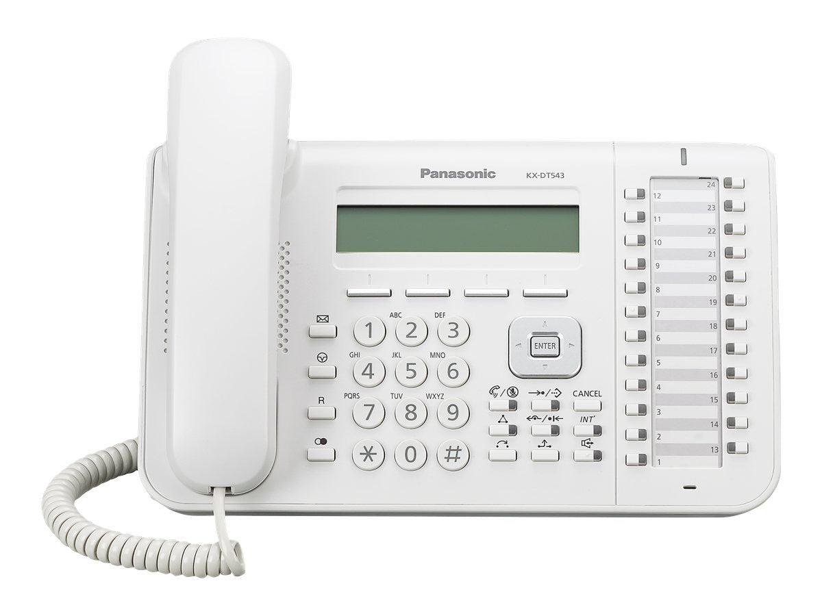 Teléfono Propietario digital con pantalla LCD de 3 líneas, 24 teclas flexibles, altavoz, diadema, blanco – KX-DT543X Panasonic