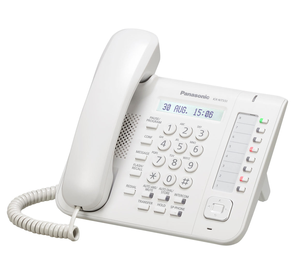 Teléfono Propietario IP Panasonic KX-NT551 blanco, con pantalla LCD, 2 puertos gigabit ethernet, PoE, 8 botones CO programables y altavoz