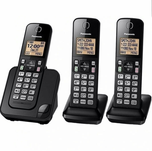 Combo de teléfonos inalámbricos DECT, 3 auriculares, identificador de llamadas, teclado iluminado, altavoz, operación con alimentación de respaldo* - KX-TGC353LAB – Panasonic