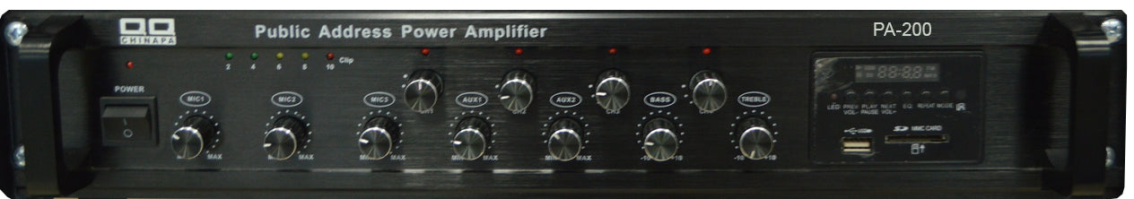 Amplificador de PA de 200W, 4 zonas, 70-100V, USB/ SD/ FM/ Bluetooth, Pantalla LCD, Control remoto, montaje en rack – PA-200