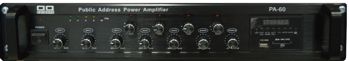 Amplificador de PA de 60W, 4 zonas, 70-100V, USB/ SD/ FM/ Bluetooth, Pantalla LCD, Control remoto, montaje en rack – PA-60