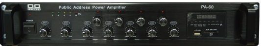 Amplificador de PA de 60W, 4 zonas, 70-100V, USB/ SD/ FM/ Bluetooth, Pantalla LCD, Control remoto, montaje en rack – PA-60