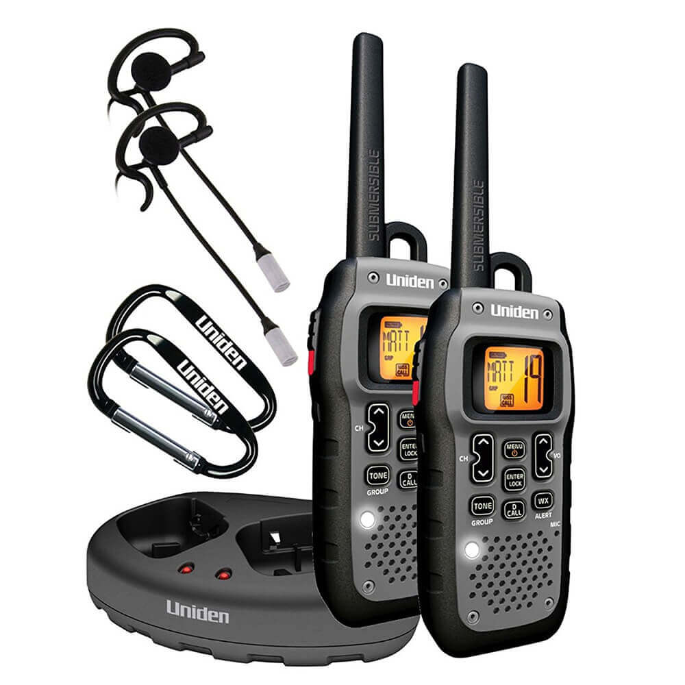 Paquete con 2 radios Walkie-Talkie, 50 millas*, sumergibles, con baterías y diademas - Uniden GMR5089-2CKHS - LA CASA DEL TELEFONO