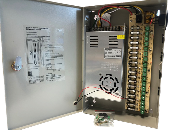 Fuente de poder tipo caja, para Sistemas de CCTV, 18CH, salida de 12Vdc 30A – PS-360W12V18F