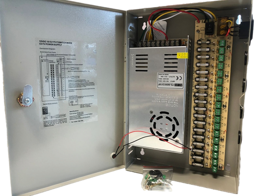 Fuente de poder tipo caja, para Sistemas de CCTV, 18CH, salida de 12Vdc 30A – PS-360W12V18F