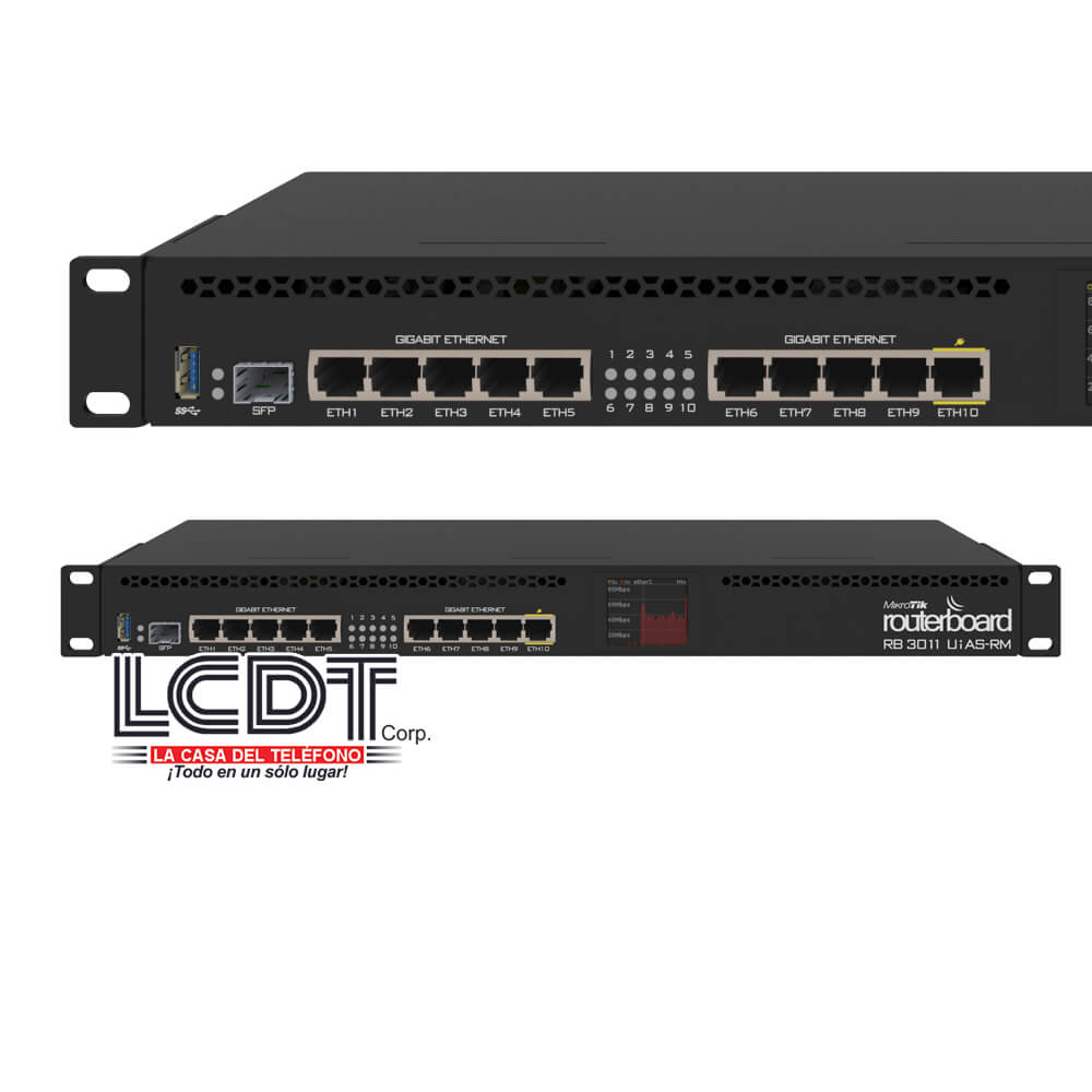 Router con 10 puertos Gigabit ethernet, 1 puerto PoE, SFP, LCD, USB3.0, 1G RAM, montaje en rack – RB3011UiAS-RM Mikrotik - LA CASA DEL TELEFONO