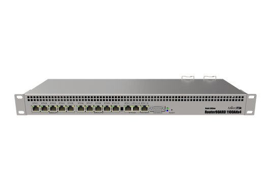 Router con 13 puertos GIGABIT, alimentación dual redundante, Unidad M.2 de 60Gb, 1U, CPU con 4 núcleos, 1GB RAM, puerto serial RS232 – RB1100AHx4 Dude Edition de Mikrotik - LA CASA DEL TELEFONO