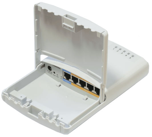 Router con 5 puertos 10/100Mbps, de exterior, PoE en 4 puertos – RB750P-PBr2 (PowerBOX) Mikrotik - LA CASA DEL TELEFONO