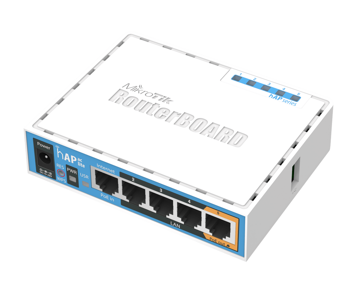 Router inalámbrico 2.4/5Ghz, 5 puertos, PoE en puerto 5, USB – RB952Ui-5ac2nD (hAP ac lite) Mikrotik - LA CASA DEL TELEFONO