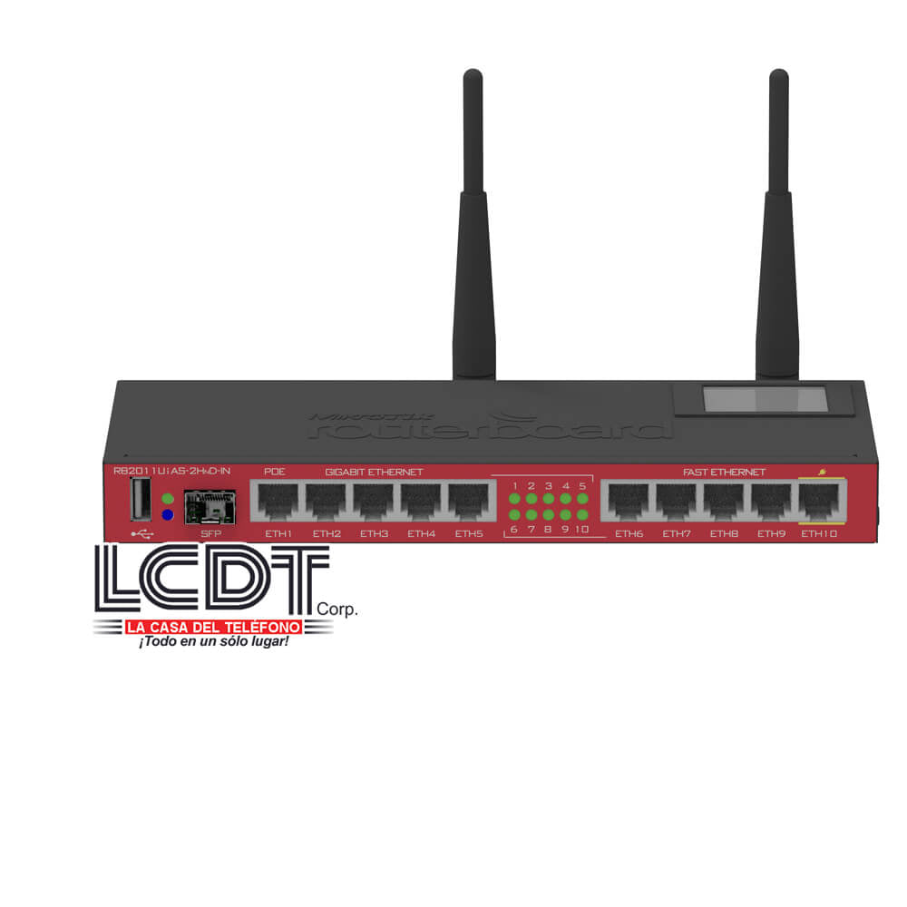 Router inalámbrico 2.4Ghz, con 5 puertos Gigabit, 5 puertos 10/100, PoE en puerto 10, LCD, USB, SFP – RB2011UiAS-2HnD-IN Mikrotik - LA CASA DEL TELEFONO