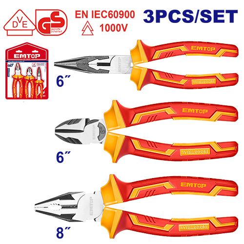 Set de tres alicates aislados: universal, corte diagonal, punta larga – EMTOP EPLS0331 - LA CASA DEL TELEFONO