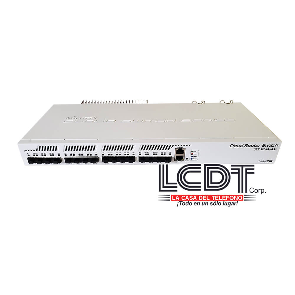 Smart Switch, 1x Gigabit LAN, 16 puertos SFP+, CPU Dual core 800 MHz, 1 GB RAM, 1U de rack – CRS317-1G-16S+RM Mikrotik - LA CASA DEL TELEFONO