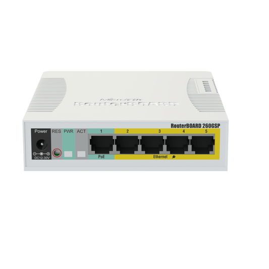 Switch con 5 puertos gigabit ethernet, PoE, 1 interface SFP – RB260GSP (CSS106-1G-4P-1S) Mikrotik - LA CASA DEL TELEFONO