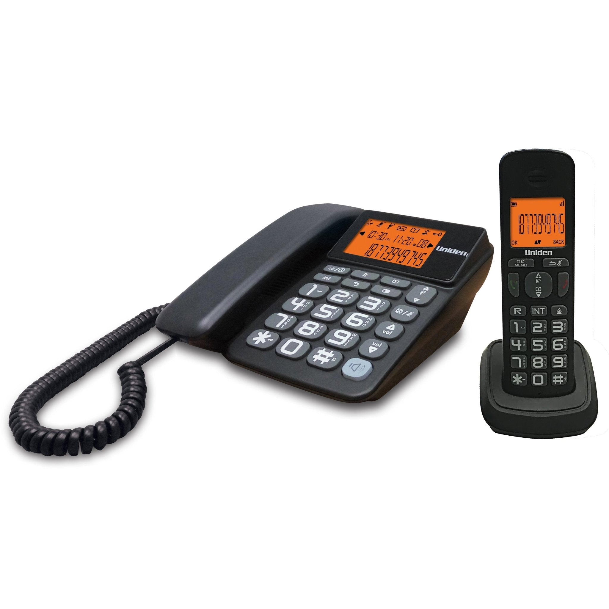Teléfono 2x1, incluye un teléfono principal de cordón y un teléfono esclavo inalámbrico – Uniden AT4503 en color blanco - LA CASA DEL TELEFONO
