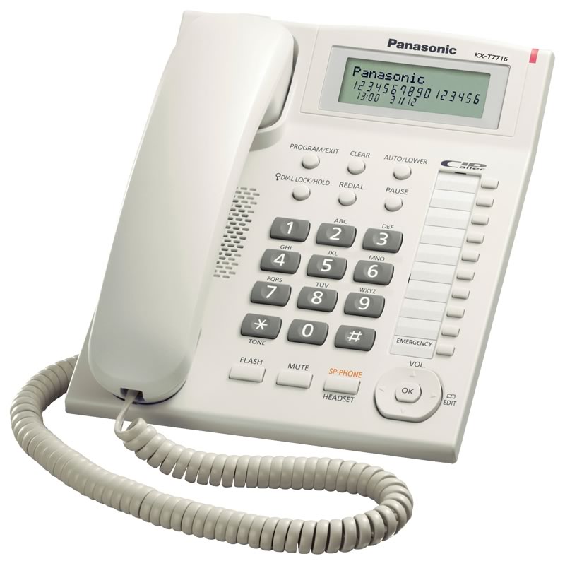 Teléfono de mesa con Pantalla, identificador de llamadas, altavoz, lámpara de timbrado/mensaje y entrada para diadema – KX-T7716X blanco Panasonic - LA CASA DEL TELEFONO